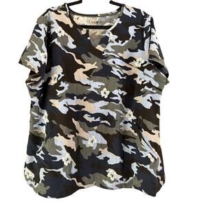 Koi Women's Plus Size Blue Green Camo Flower Scrub Top Size 2X